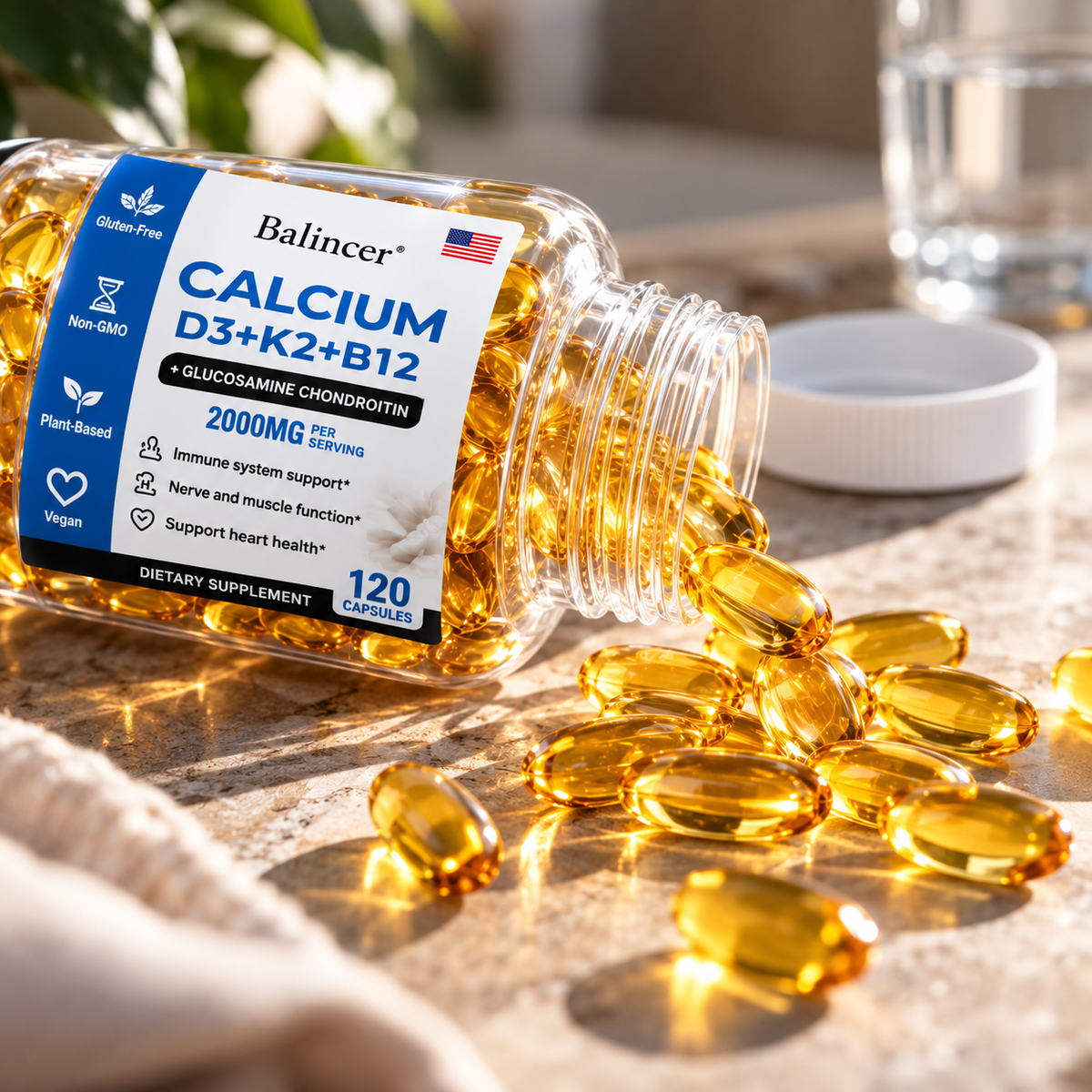 Balincer Calcium D3 + K2 + B12 | 4 Nutrientes en 1 Frasco | 120 Cápsulas