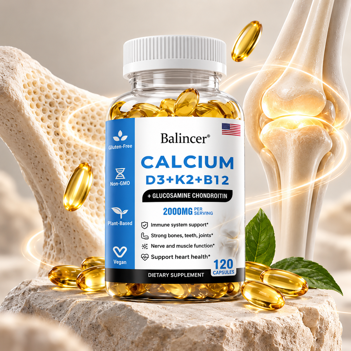Balincer Calcium D3 + K2 + B12 | 4 Nutrientes en 1 Frasco | 120 Cápsulas