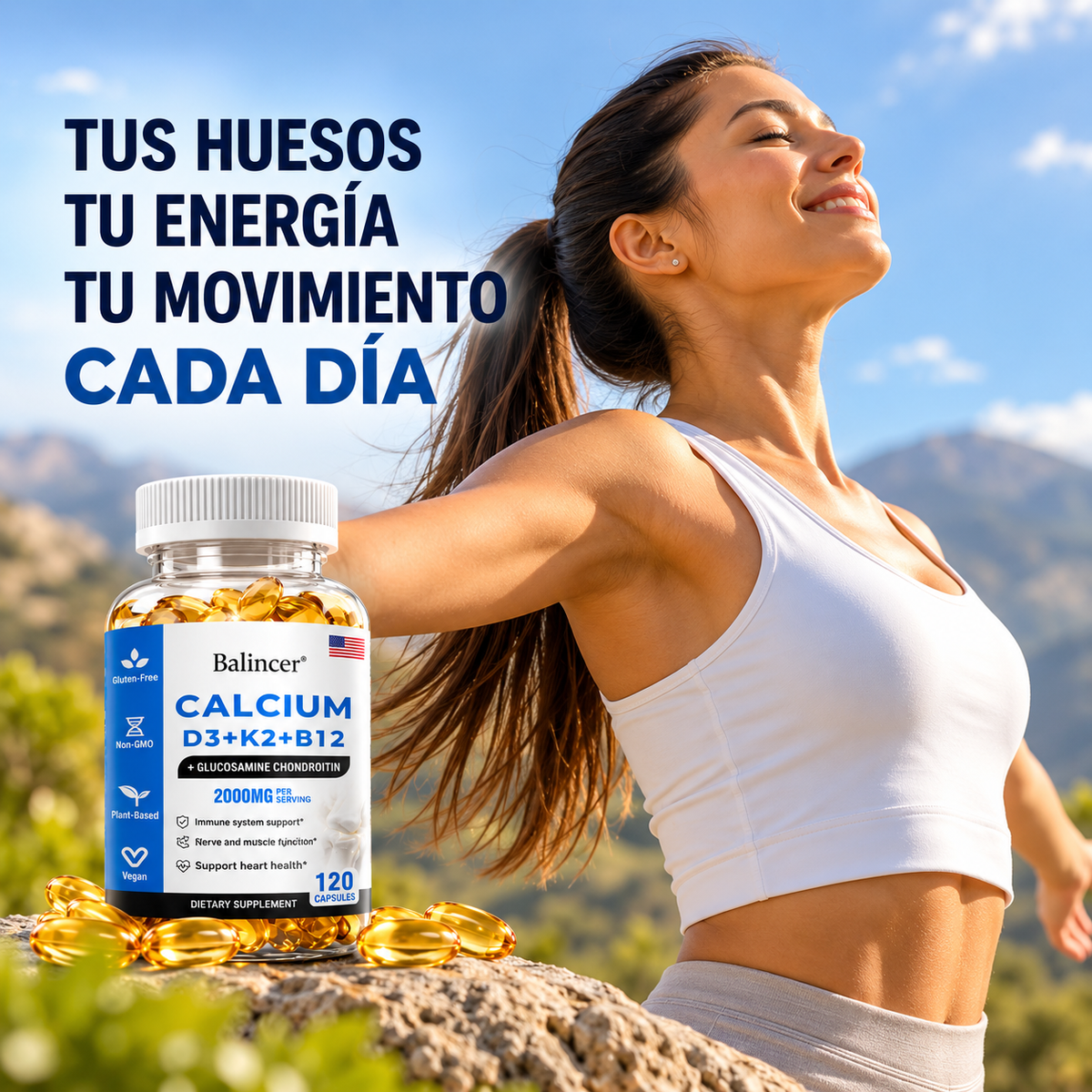 Balincer Calcium D3 + K2 + B12 | 4 Nutrientes en 1 Frasco | 120 Cápsulas